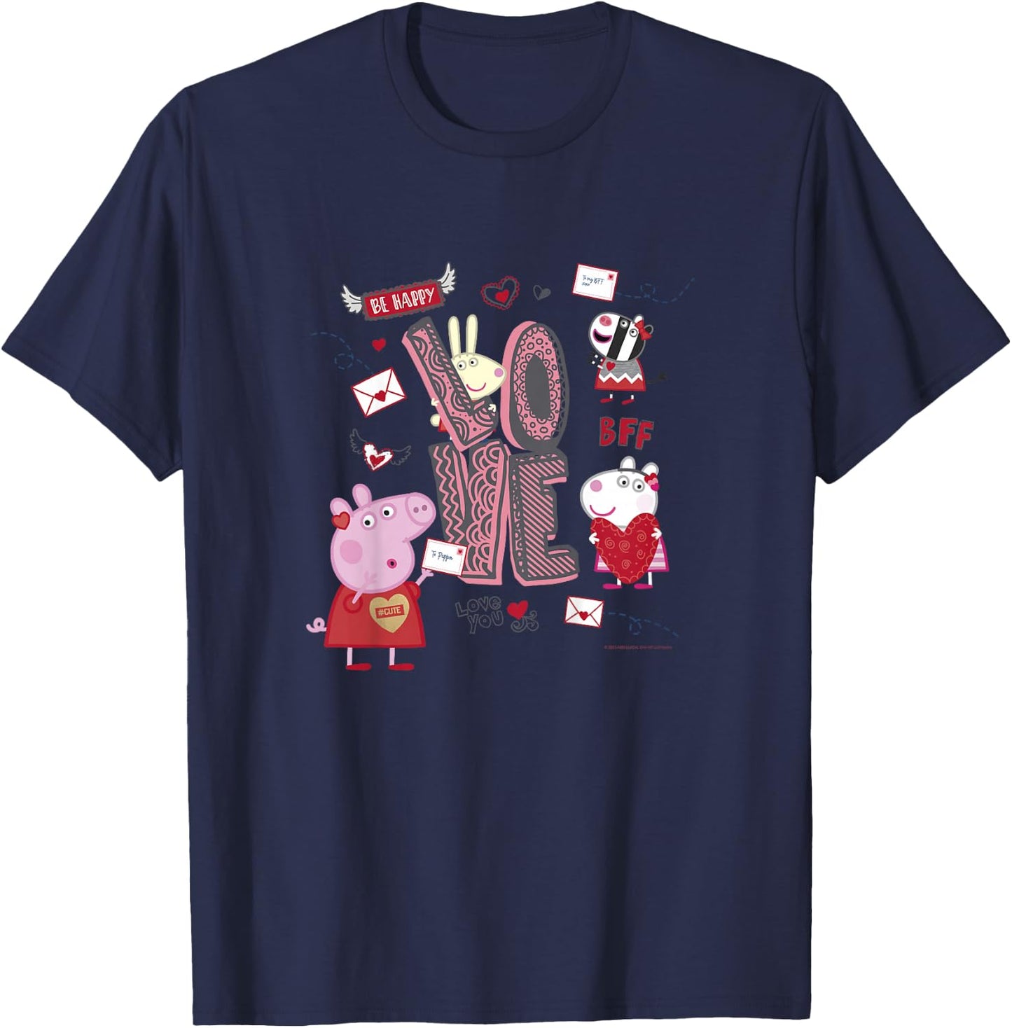 Kids Peppa Pig Valentine's Day Love Be Happy Friends Group Shot T-Shirt - T-Shirt | Navy