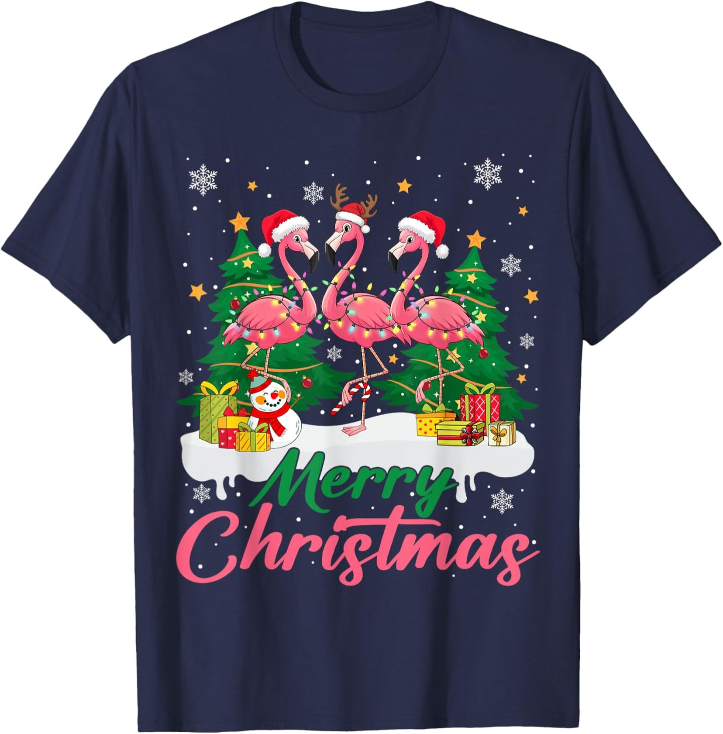 Flamingo Light Christmas Snow Merry Christmas Tree Santa T-Shirt - T-Shirt | Navy