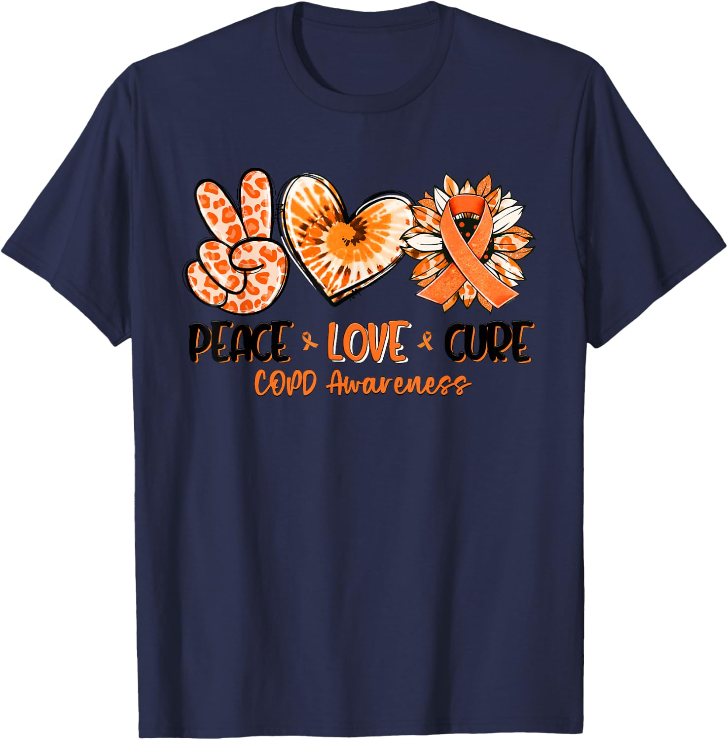 Peace Love Cure Sunflower Leopard COPD Awareness Gifts T-Shirt - T-Shirt | Navy