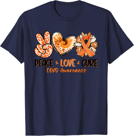 Peace Love Cure Sunflower Leopard COPD Awareness Gifts T-Shirt - T-Shirt | Navy