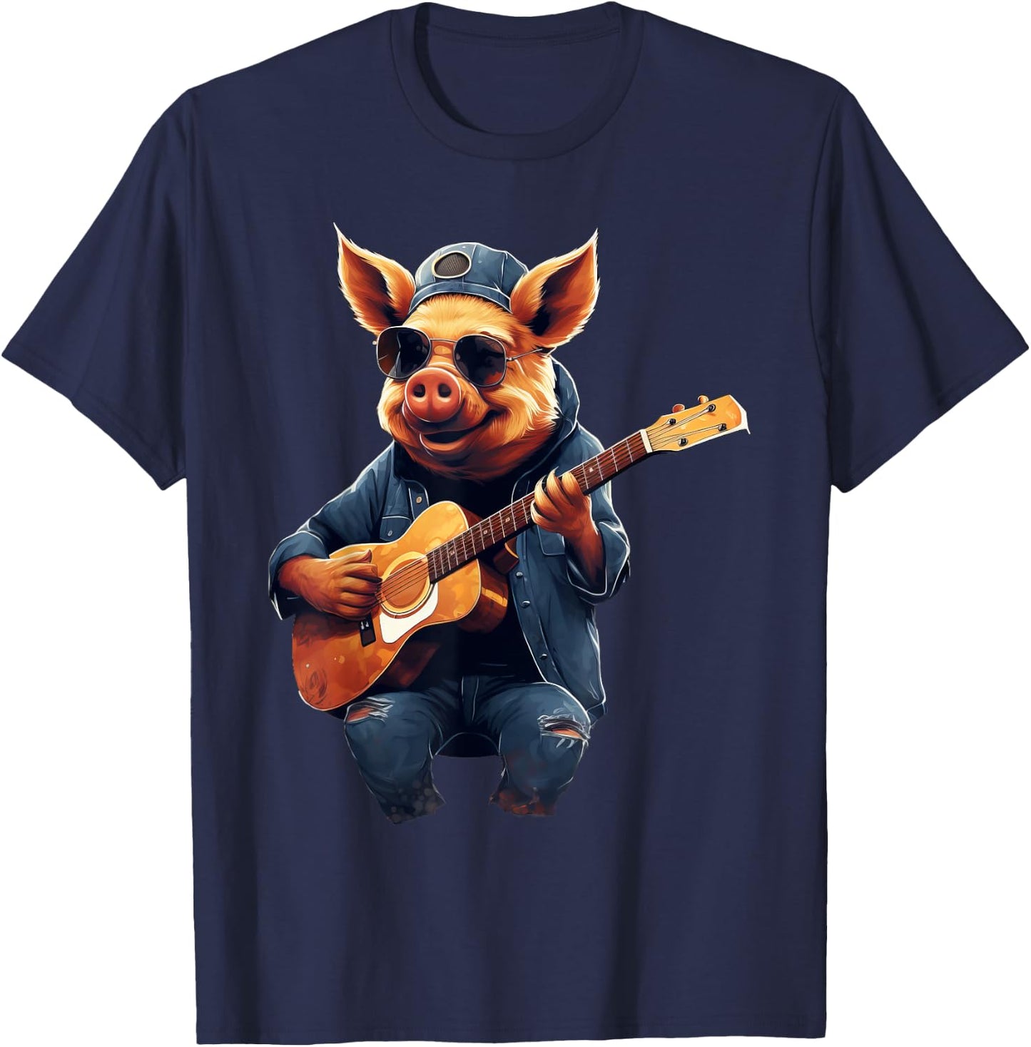 Cute Pig Playing Guitar Pigs Musician Music T-Shirt - T-Shirt | Navy