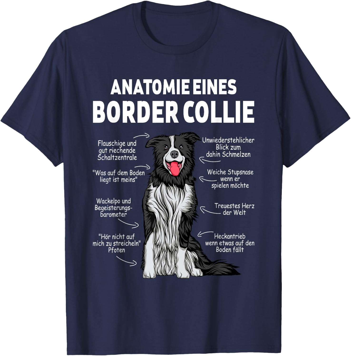 Border Collie Geschenke für Hundeliebhaber Anatomy of a Border Collie Black Small Classic Short Sleeve Pull-On Classic Fit 100% Polyester Imported T-Shirt - T-Shirt | Navy