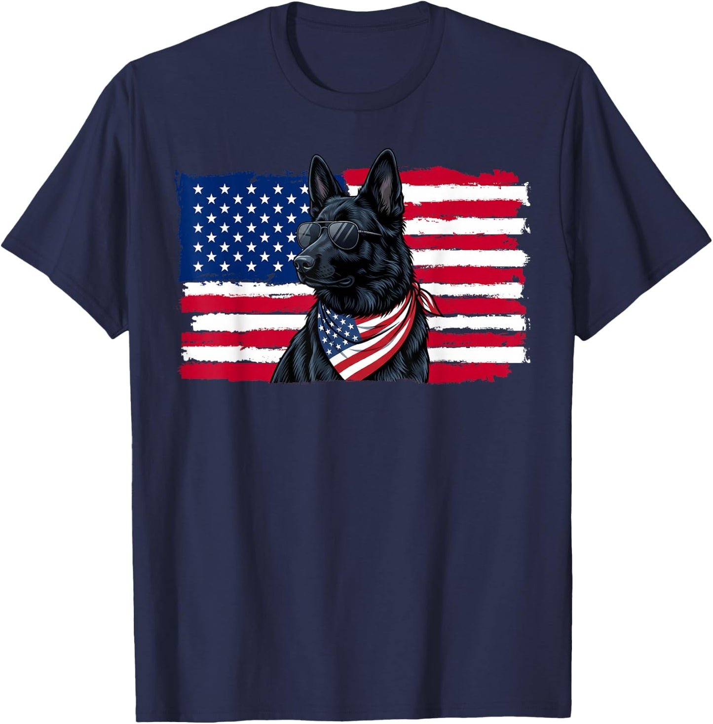 Black German Shepherd American Flag 4th July German Shepherd T-Shirt - T-Shirt | Navy