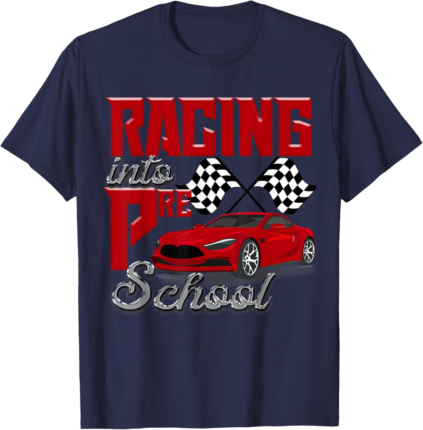 Racing Into Preschool Race Car School Kids Checker Flag Boys T-Shirt - T-Shirt | Navy