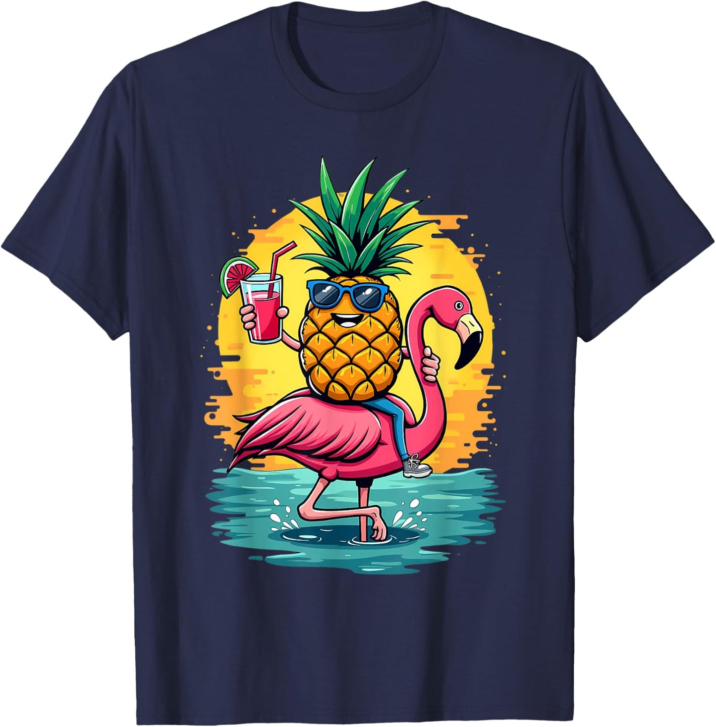 Flamingo and Pineapple Beach Hawaiian Boys Vintage , Black, S T-Shirt - T-Shirt | Navy