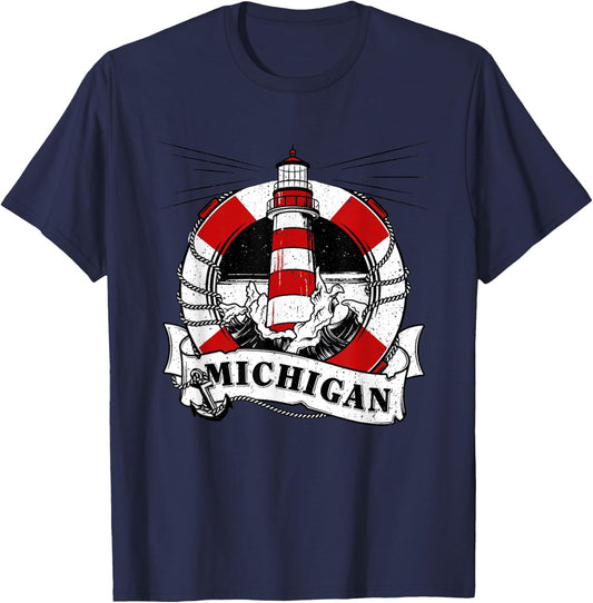Vintage Michigan Great Lakes Lighthouse Travel Souvenir T-Shirt - T-Shirt | Navy
