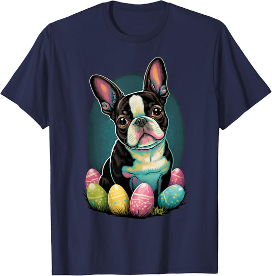 Easter Boston Terrier Bunny Eggs Dog Easter Boston Terrier Women Kids T-Shirt - T-Shirt | Navy