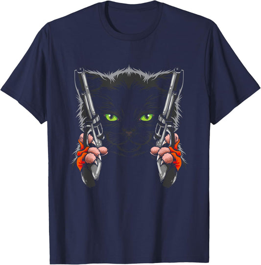 Cat with Gun - Gun Kitty - Gunning for Kitties - Funny Cat T-Shirt - T-Shirt | Navy