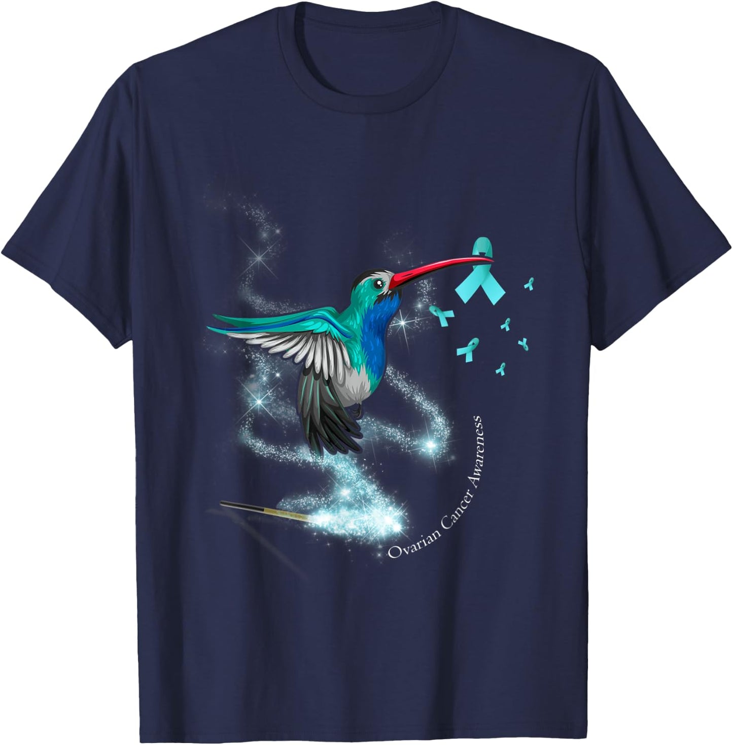 Hummingbird Holding Teal Ribbon Ovarian Cancer Awareness T-Shirt - T-Shirt | Navy
