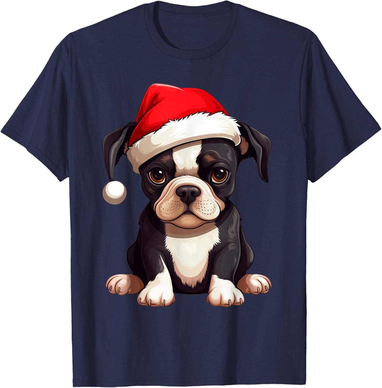 Christmas Boston Terrier Dog Santa Hat Funny Xmas Kids T-Shirt - T-Shirt | Navy