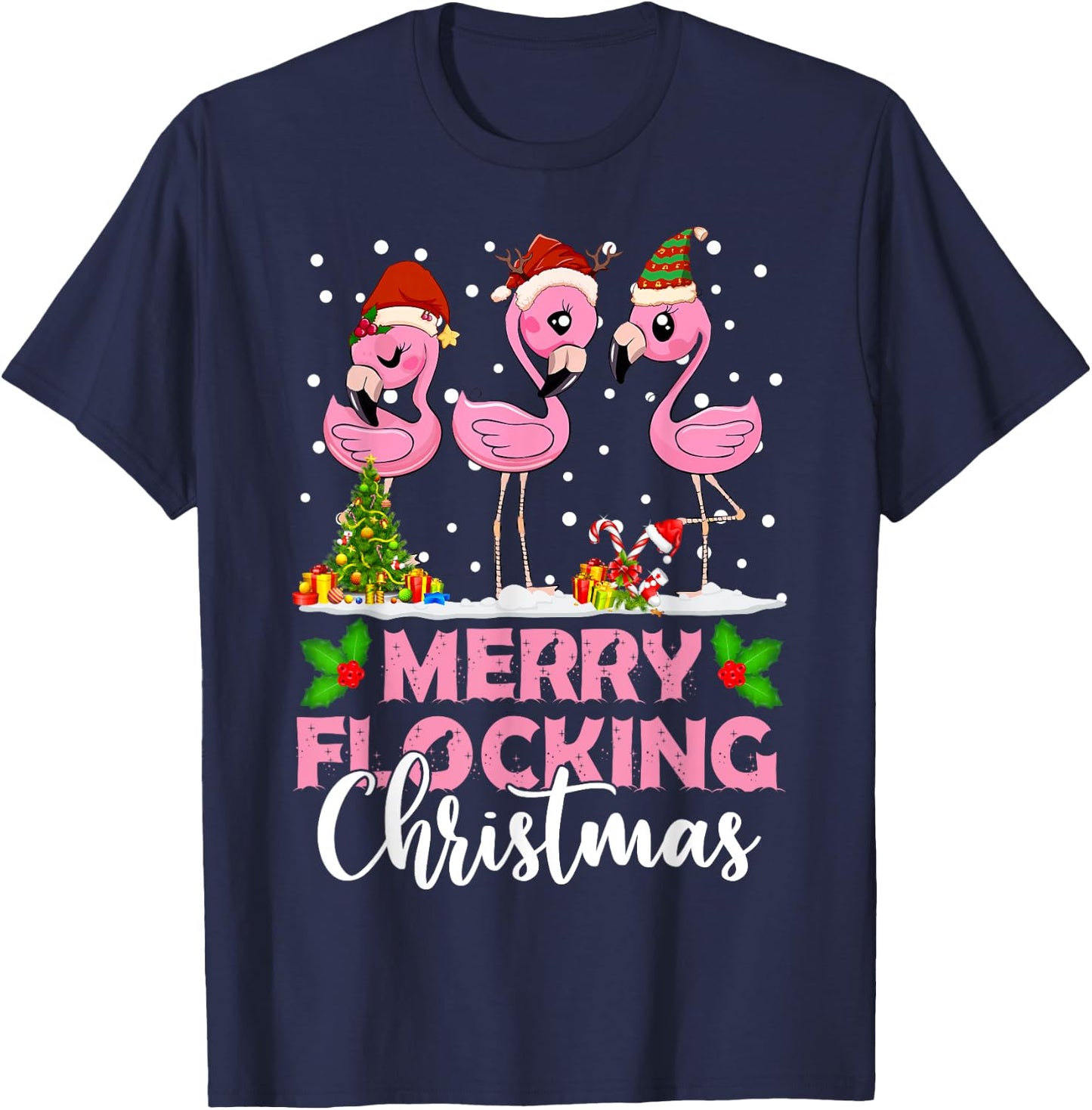 Merry Flocking Christmas Funny Pink Flamingo Santa Hat T-Shirt - T-Shirt | Navy
