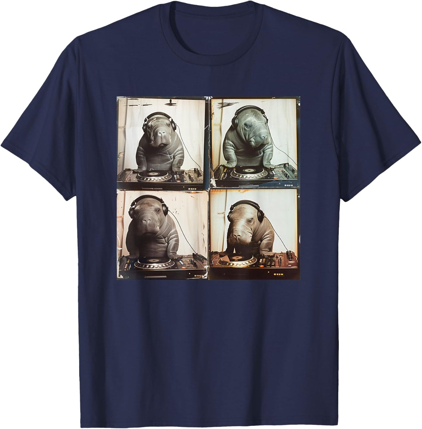 EDM DJ Manatee On Decks Vinyl Turntable Funny Manatee T-Shirt - T-Shirt | Navy