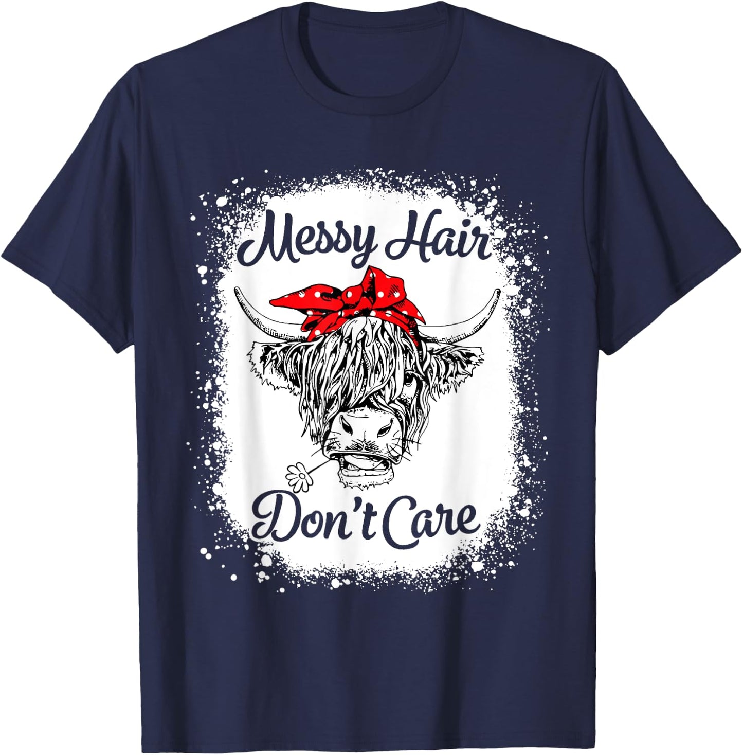 Bleached Highland Cow Cattle Bandana Messy Hair Don't Care T-Shirt - T-Shirt | Navy