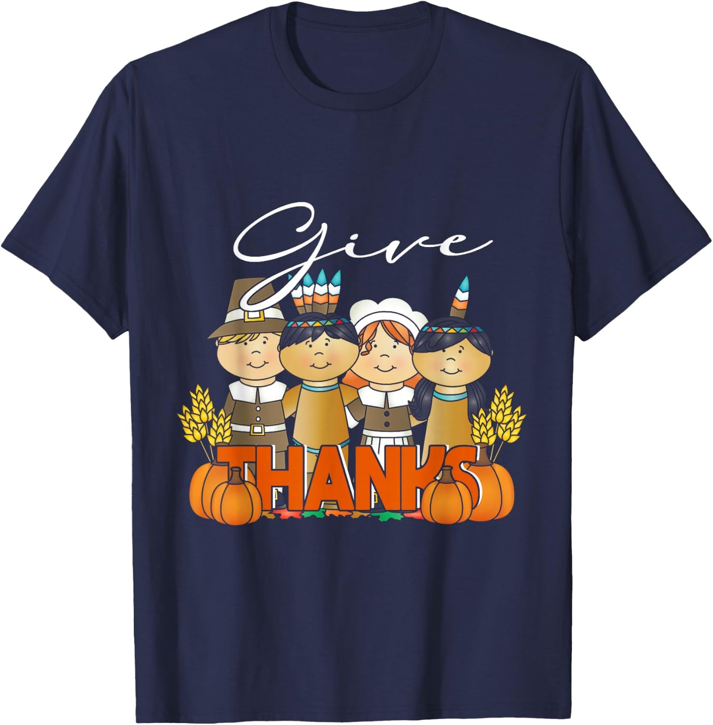 Thanksgiving Pilgrim Indian Give Thanks Pumpkin T-Shirt - T-Shirt | Navy