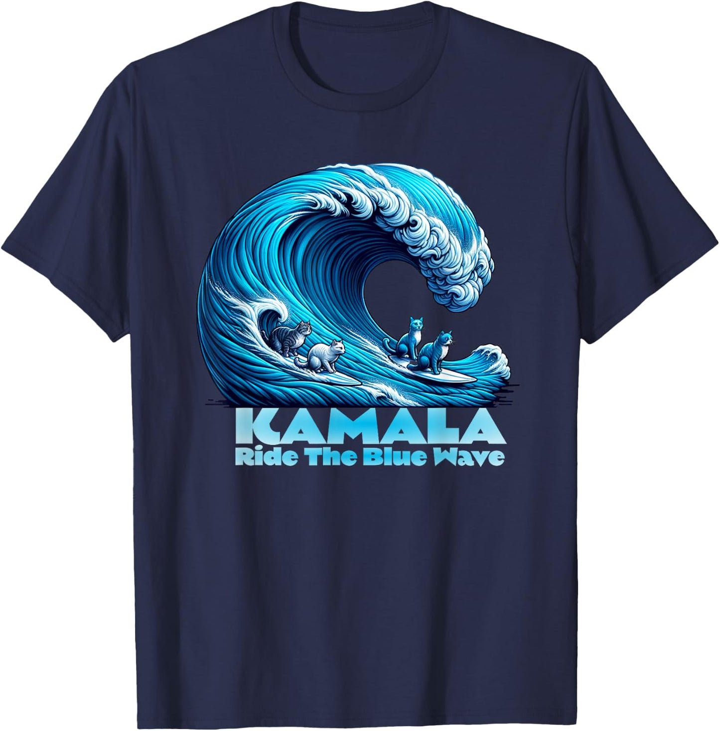 Kamala Harris for President, Blue Wave Surfing Cats 2024 T-Shirt - T-Shirt | Navy