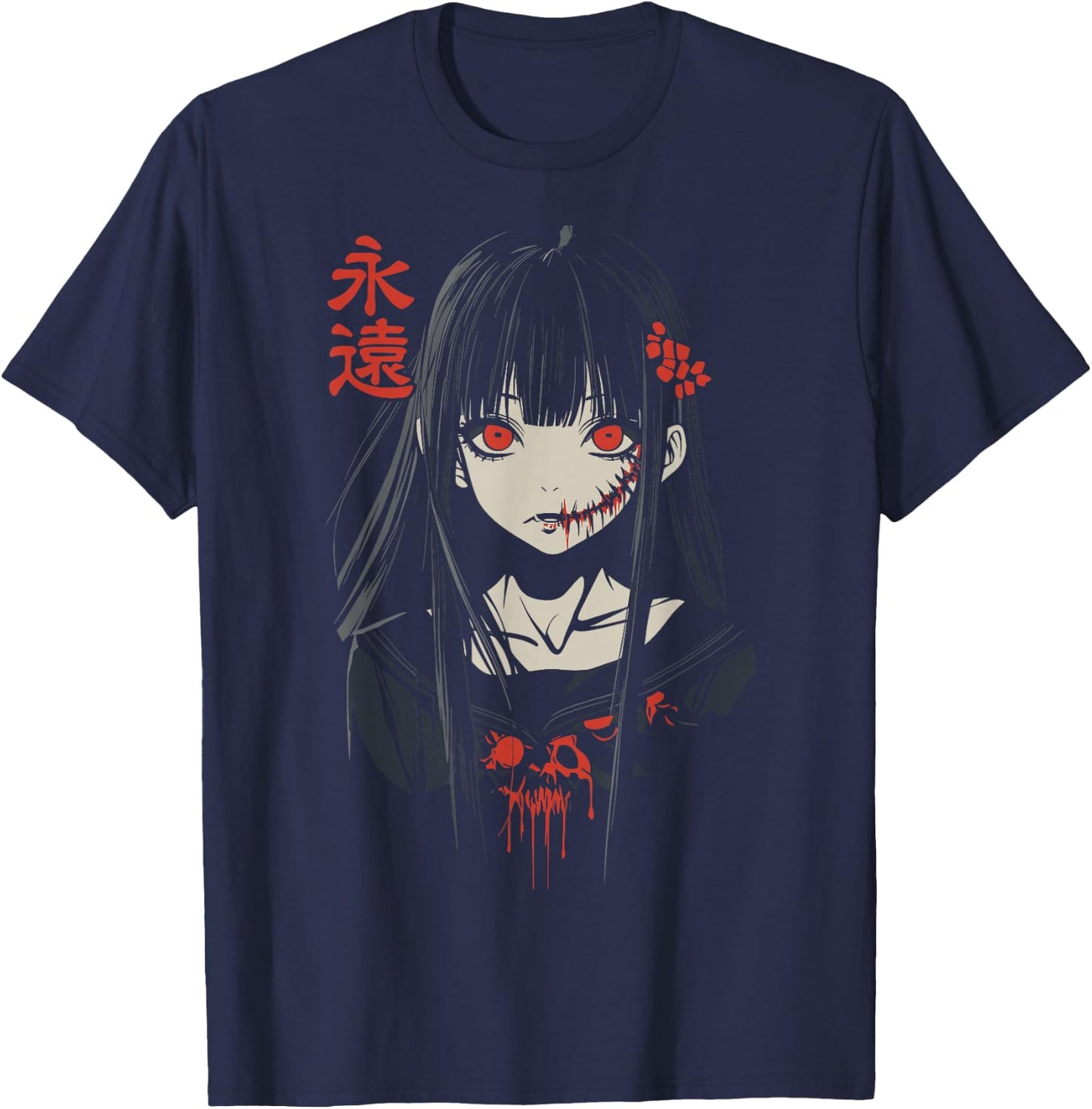 Anime Horror Girl Aesthetic Soft Grunge Waifu Japanese Girl T-Shirt - T-Shirt | Navy