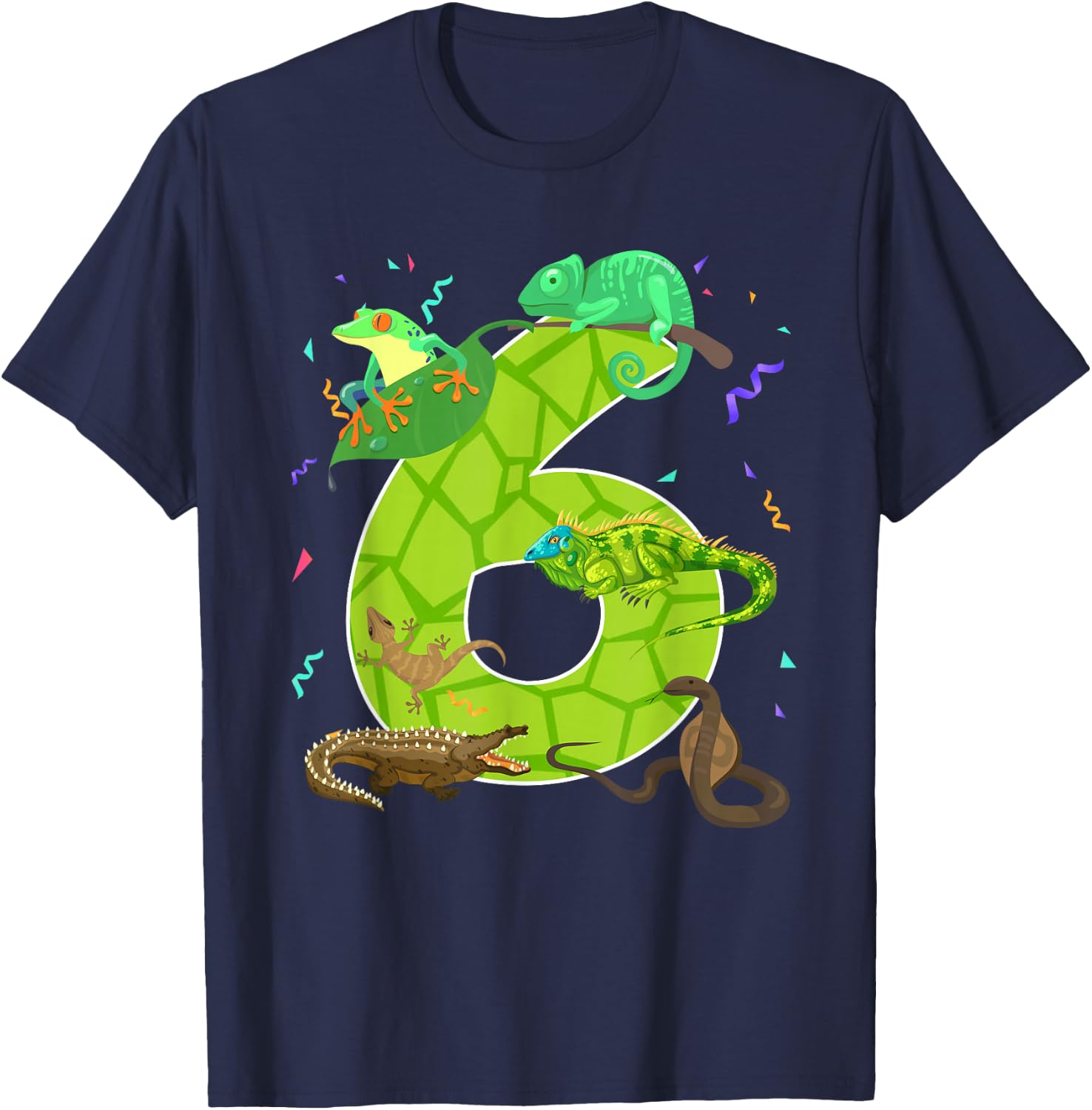 6 Year Old Boys Girls 6th Reptile Theme Birthday Party T-Shirt - T-Shirt | Navy
