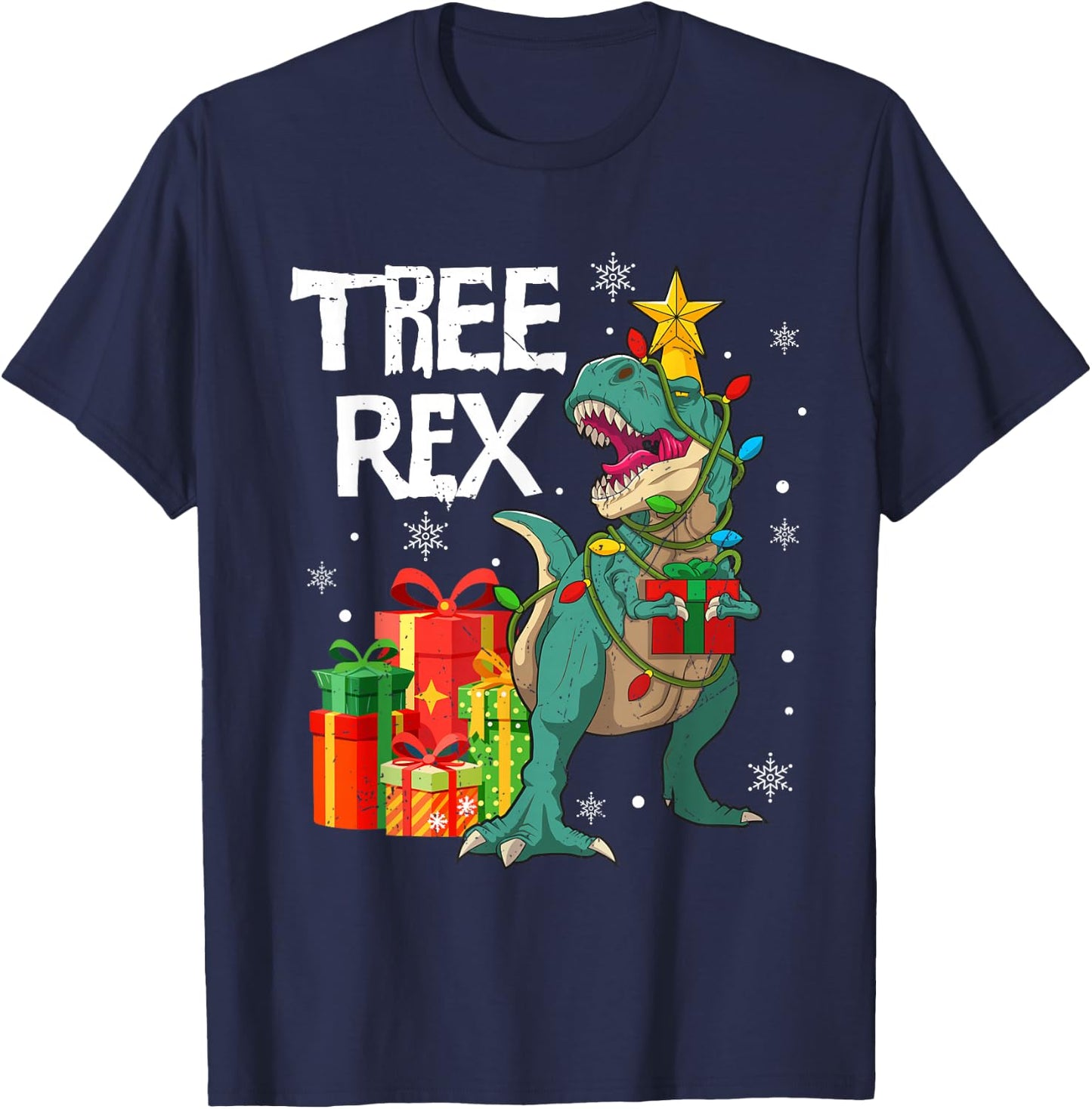 Dinosaur T Rex Christmas Tree Lights Pajamas Men Boys Kids T-Shirt - T-Shirt | Navy