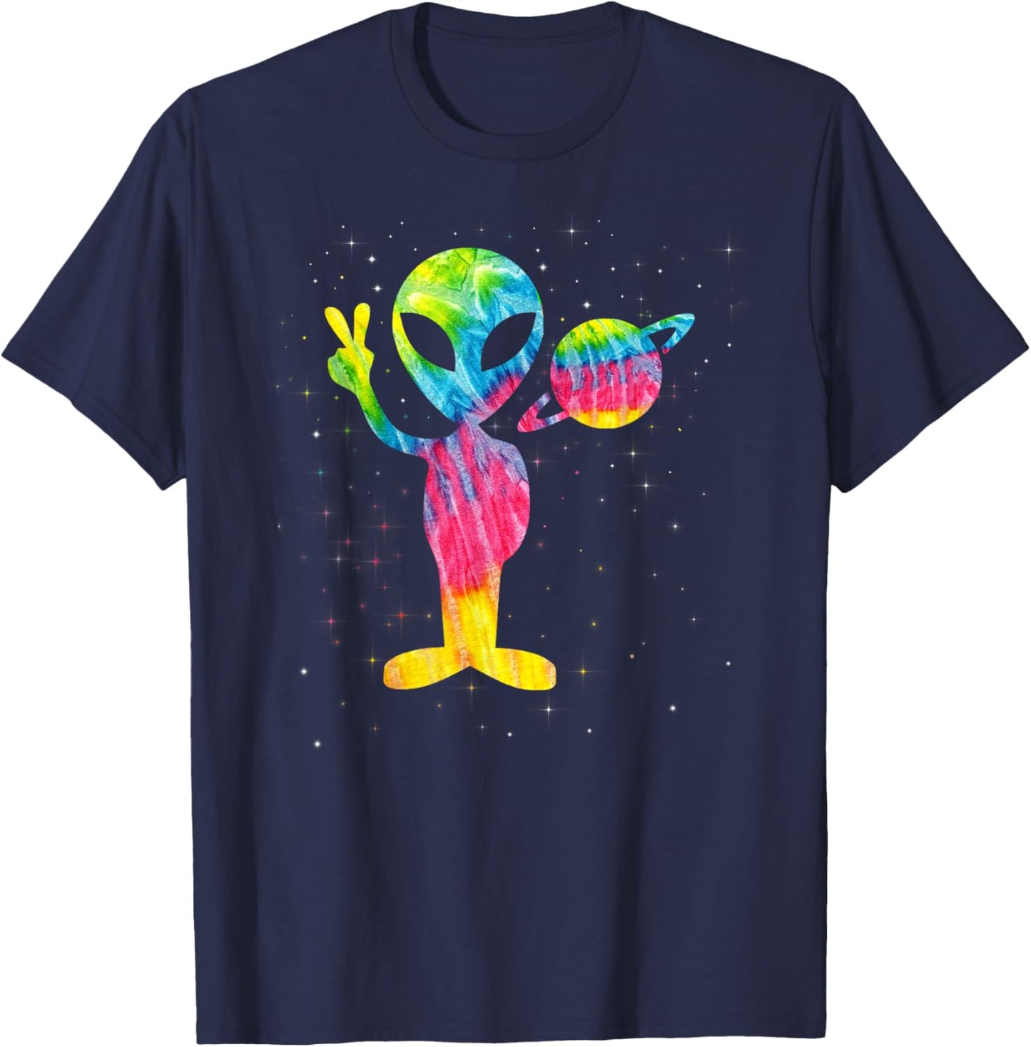 Vintage 1970s Tie Dye Groovy Alien Peace Retro T-Shirt - T-Shirt | Navy