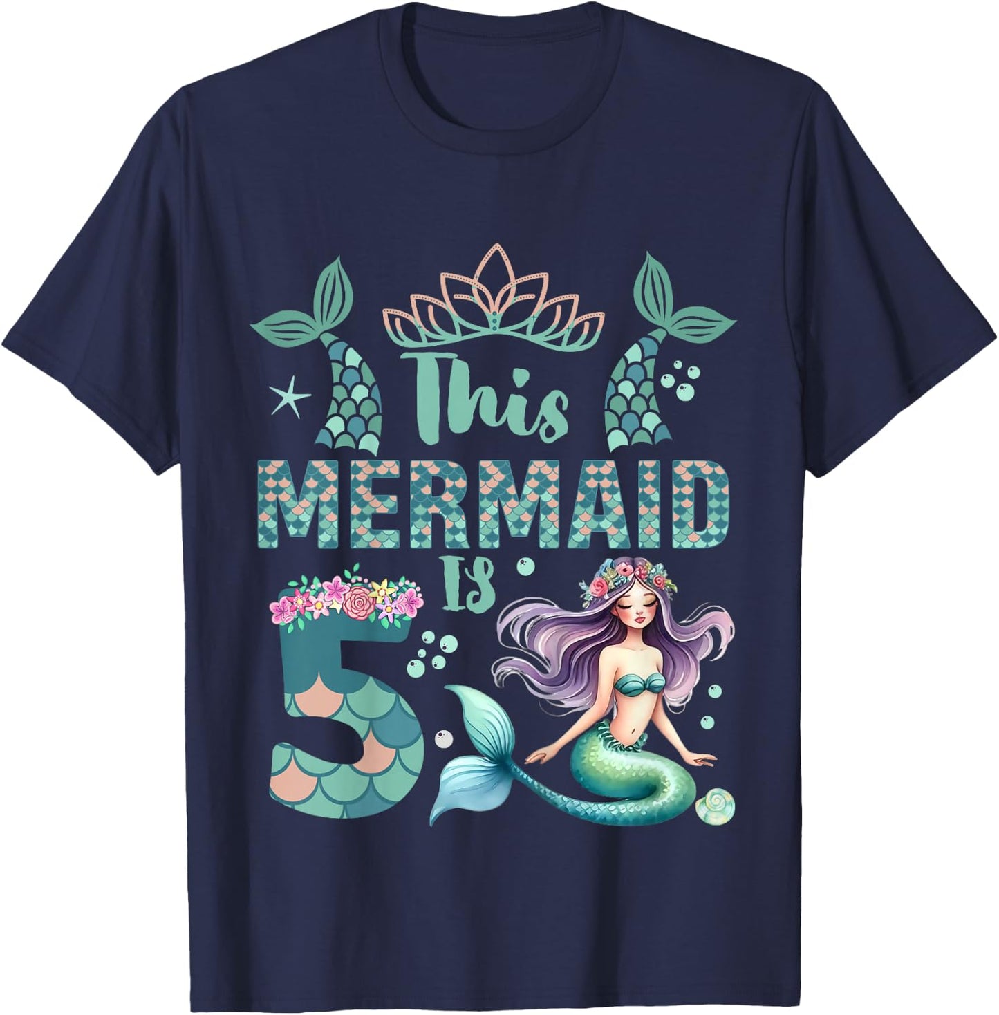 Girls 5th Birthday: This Mermaid Is 5 Years Old Costume T-Shirt - T-Shirt | Navy