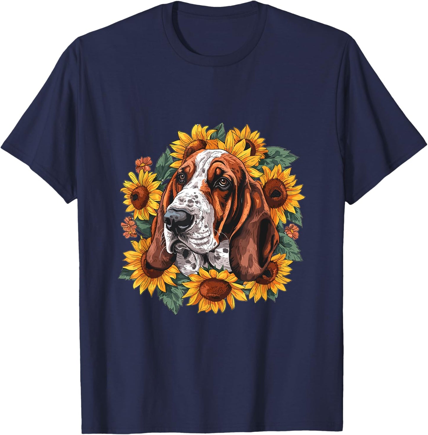Basset Hound Sunflowers Dog Breed Graphic Women Kids T-Shirt - T-Shirt | Navy