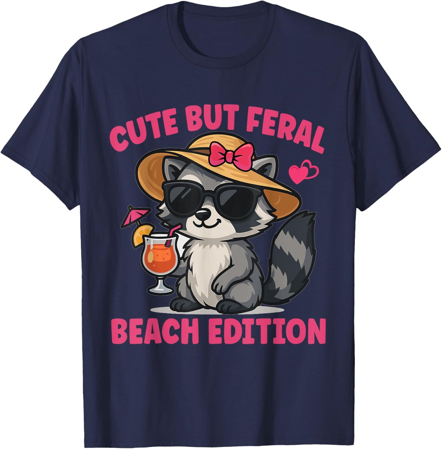Cute But Feral Beach Edition Raccoon T-Shirt - T-Shirt | Navy