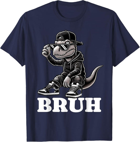 Hip Hop T Rex Dinosaur Bruh Funny Boys Teens Saying Humor T-Shirt - T-Shirt | Navy