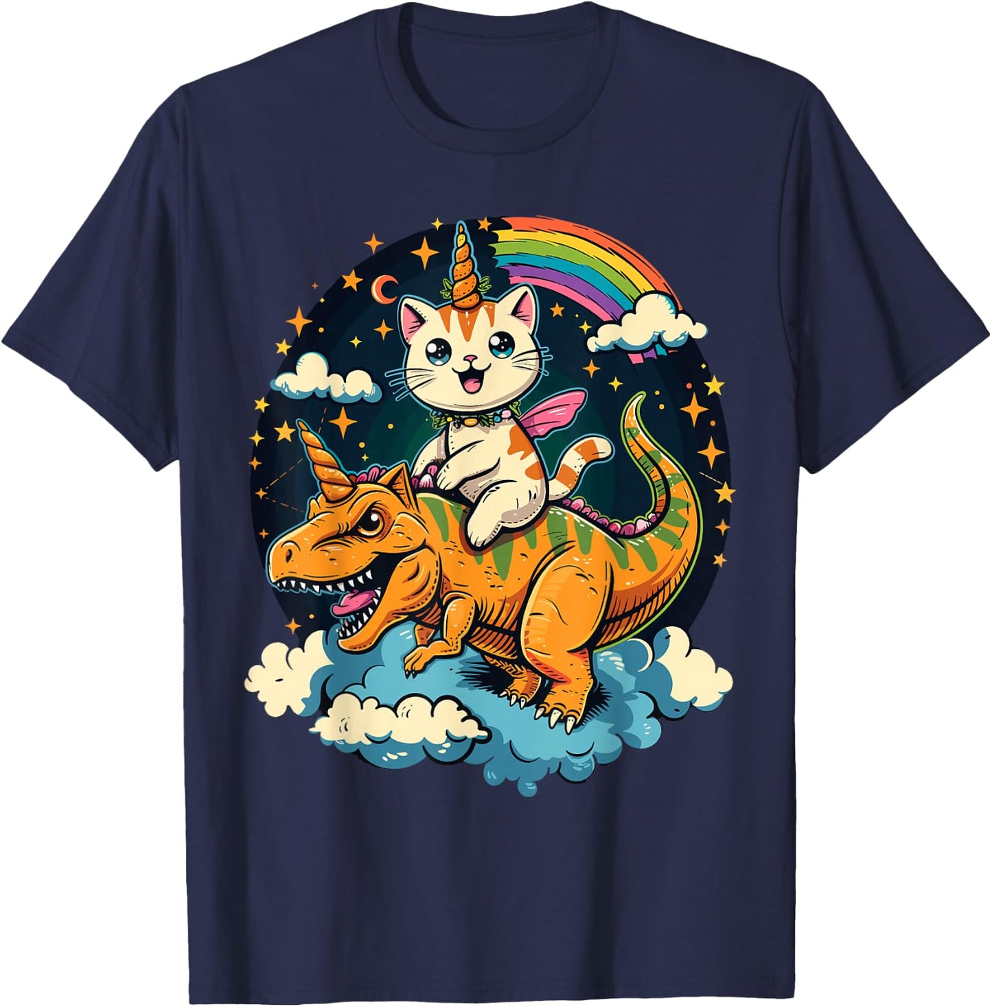 Cat Riding Dinosaur Kitten Lover Space Galaxy T-Shirt - T-Shirt | Navy