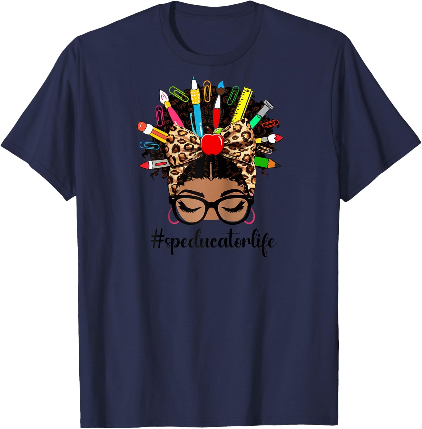 Afro African American Special Education Teacher Messy Bun Raglan Baseball T-Shirt - T-Shirt | Navy