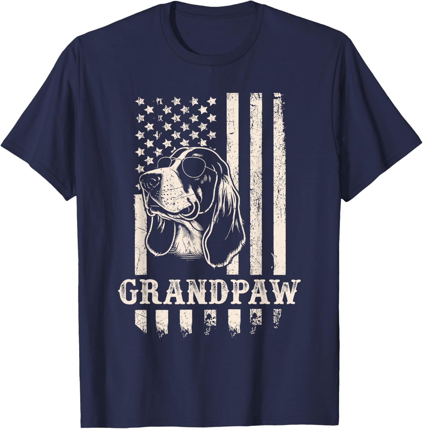 Grandpaw Basset Hound American Flag Sunglasses Retro Grandpa T-Shirt - T-Shirt | Navy