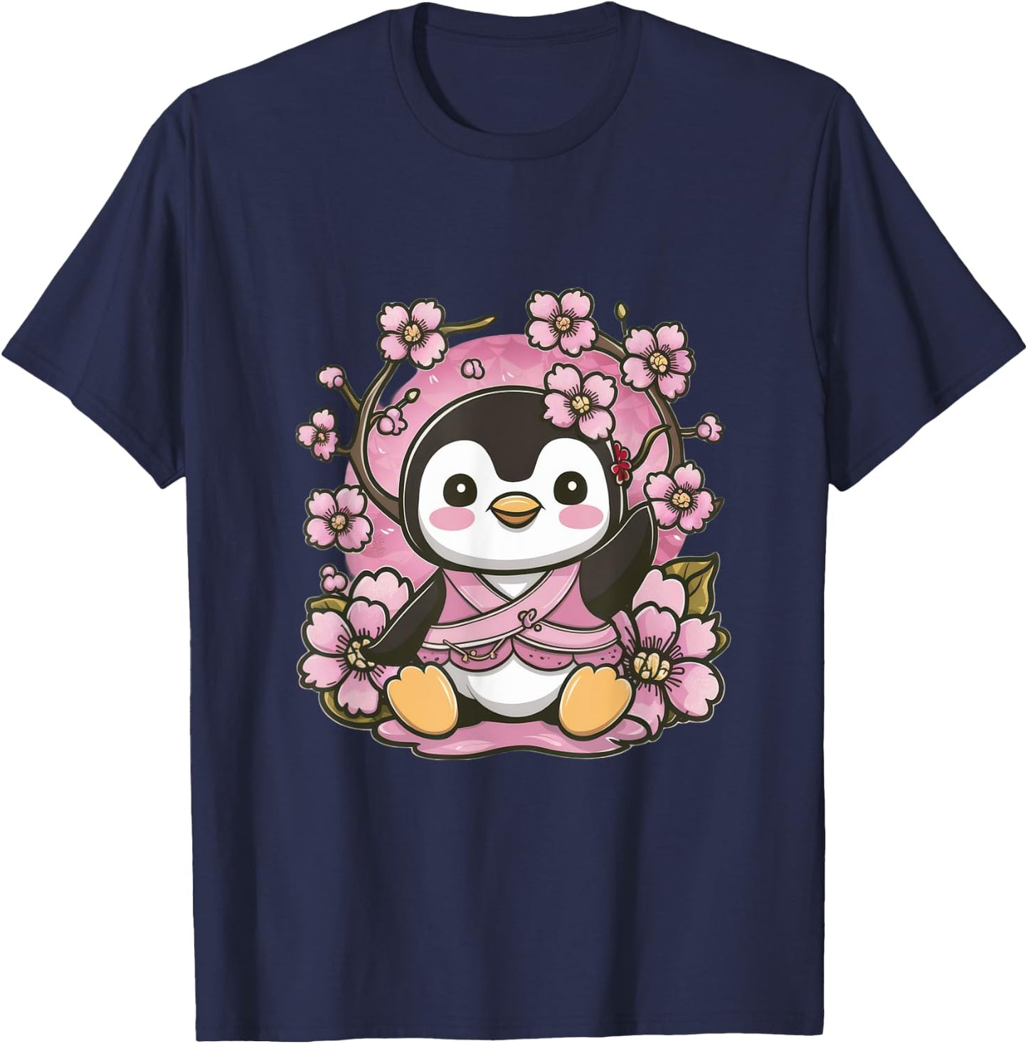 Cute kawaii penguin with cherries and sakura cherry blossoms T-Shirt - T-Shirt | Navy