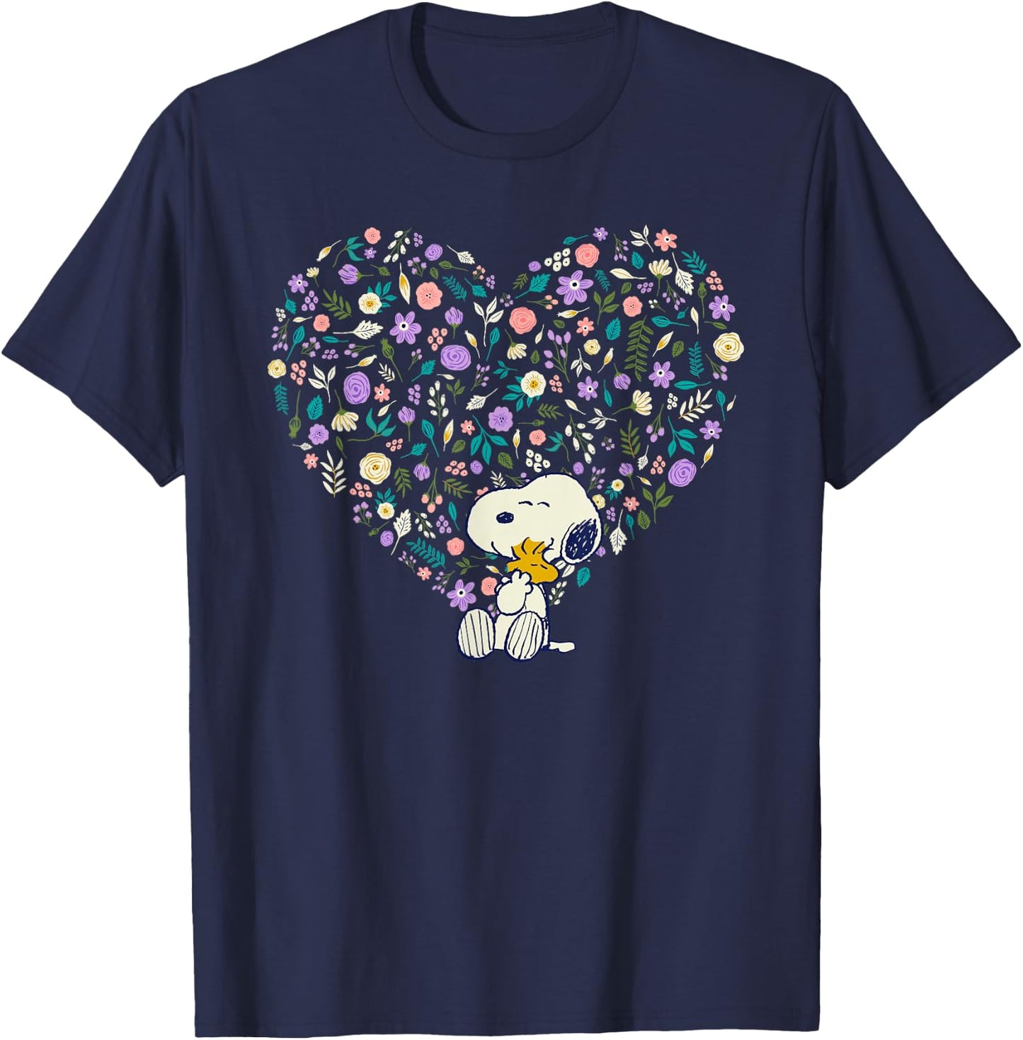 Peanuts Snoopy & Woodstock Hug Heart Floral T-Shirt - T-Shirt | Navy