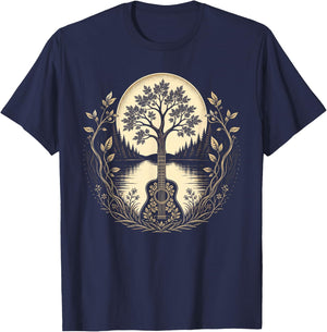 Acoustic Guitar Tree By The Lake Moon Botanical T-Shirt - T-Shirt | Navy