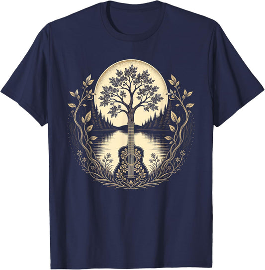 Acoustic Guitar Tree By The Lake Moon Botanical T-Shirt - T-Shirt | Navy