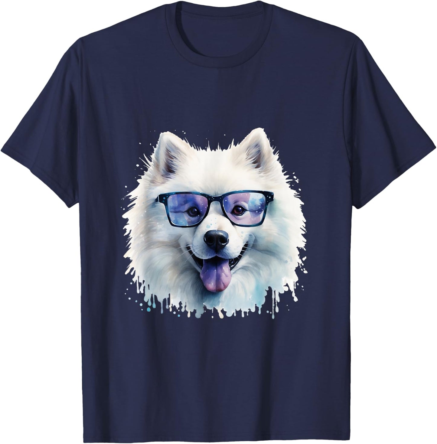 Samoyed Dog Wearing Glasses Watercolour T-Shirt - T-Shirt | Navy