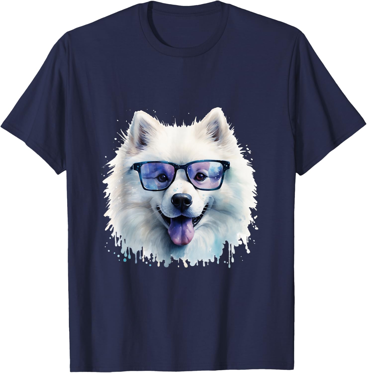Samoyed Dog Wearing Glasses Watercolour T-Shirt - T-Shirt | Navy