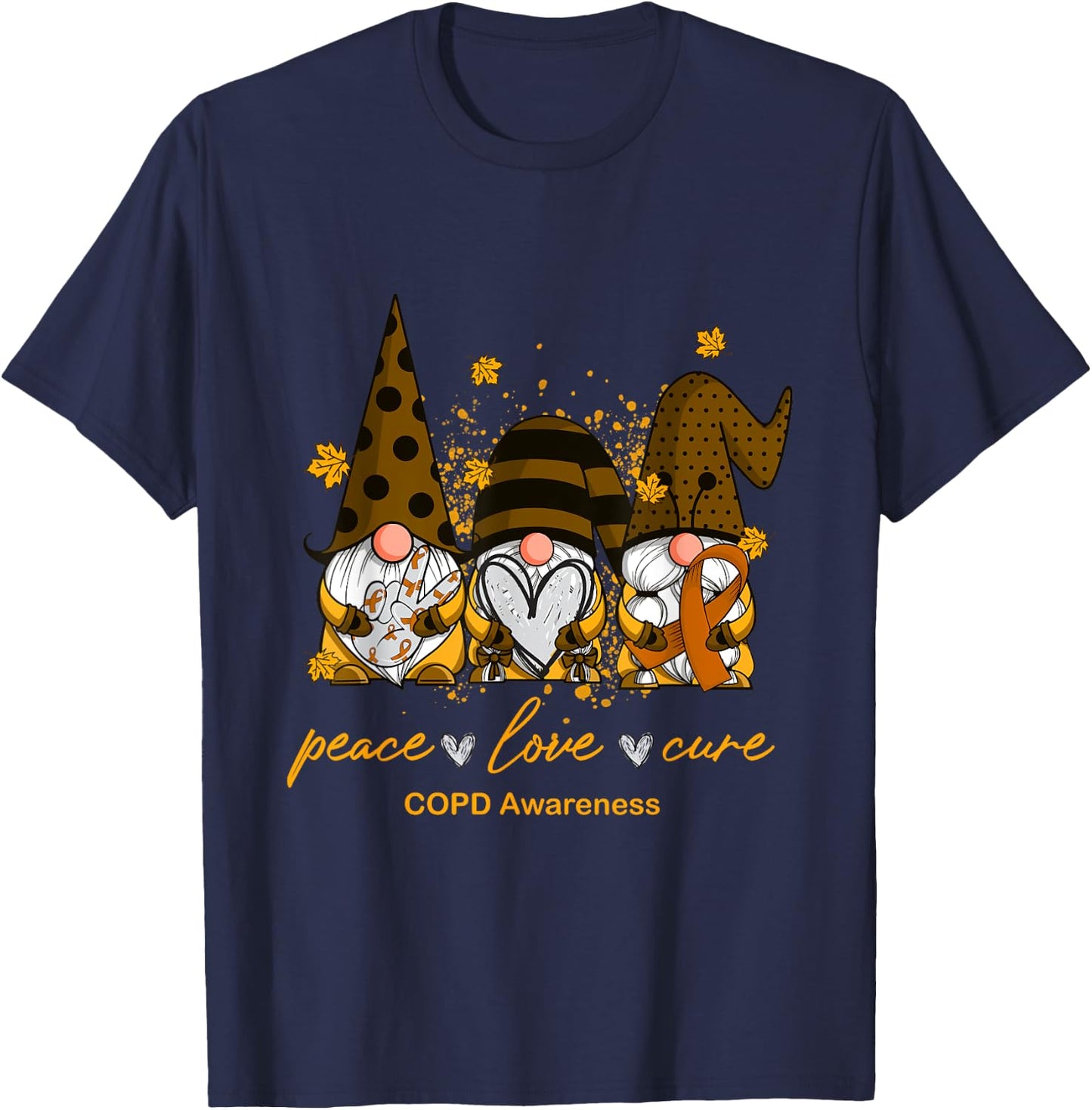 Peace Love Cure Three Gnomes Orange Ribbon COPD Awareness T-Shirt - T-Shirt | Navy