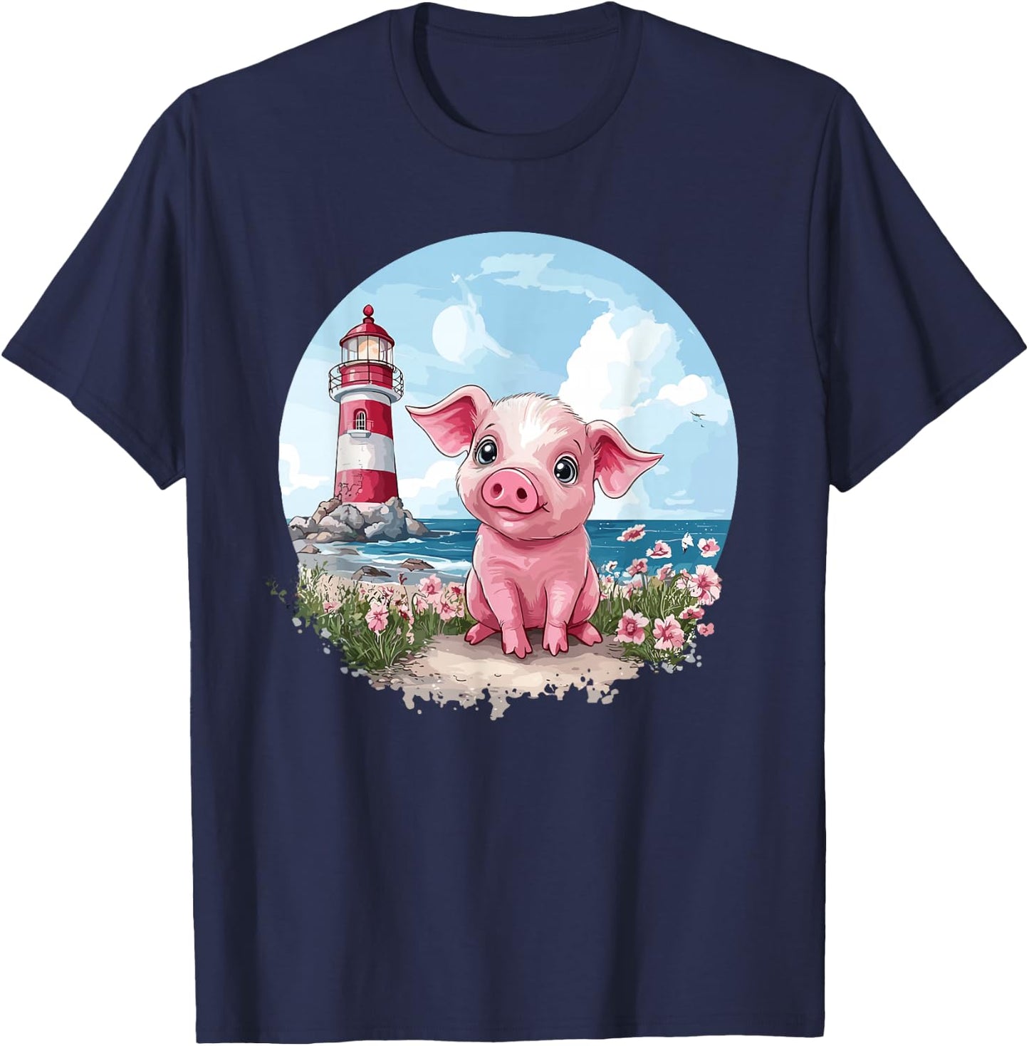 Adorable Piglet By The Lighthouse T-Shirt - T-Shirt | Navy