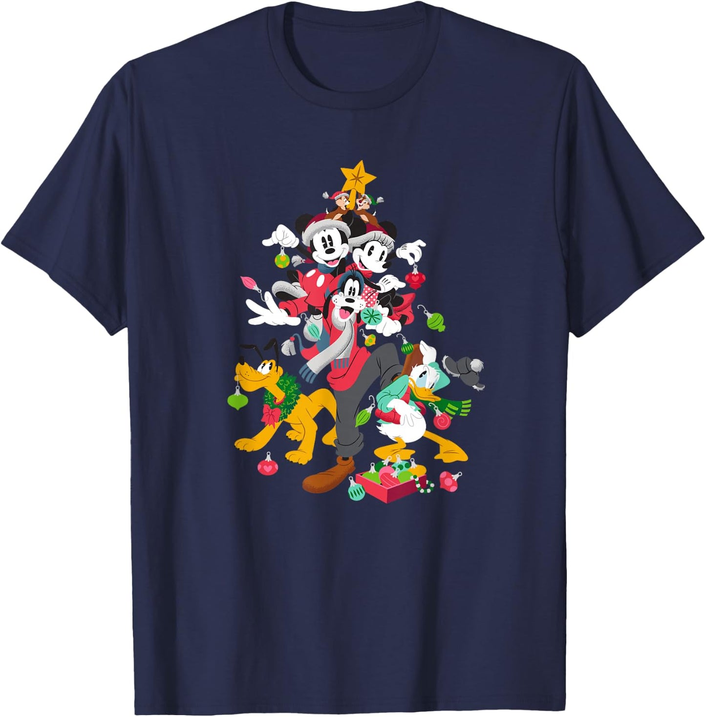 Disney Mickey Minnie Goofy Pluto Chip Dale Christmas Tree T-Shirt - T-Shirt | Navy