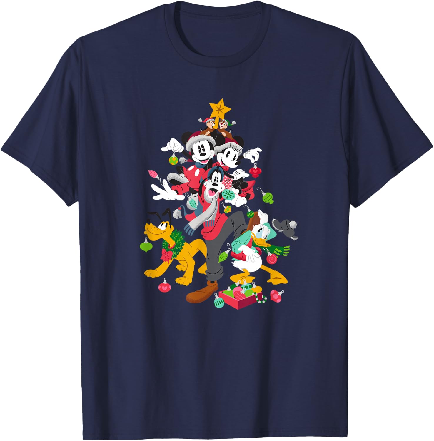 Disney Mickey Minnie Goofy Pluto Chip Dale Christmas Tree T-Shirt - T-Shirt | Navy