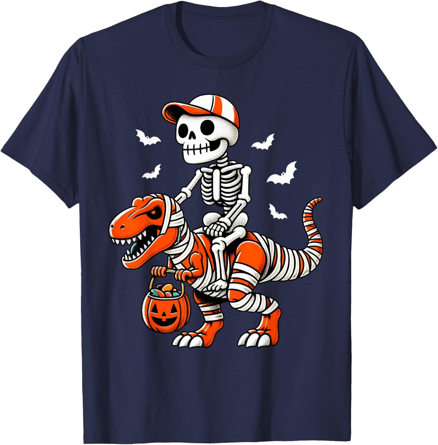 Cool Skeleton T Rex Dino Mummy Toddler Boy Halloween Boy Kid T-Shirt - T-Shirt | Navy
