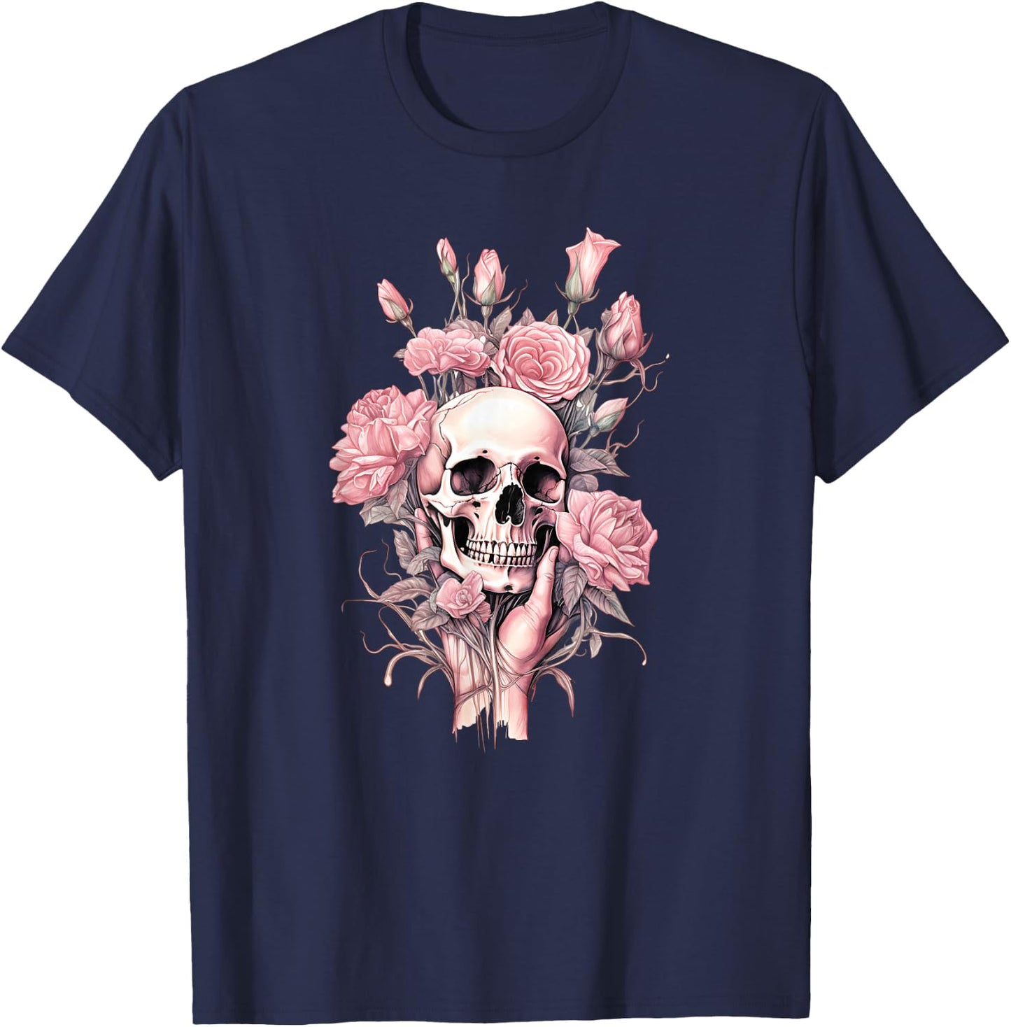 Rose Skull Skeleton Design for Girls & Women in Pink , black T-Shirt - T-Shirt | Navy