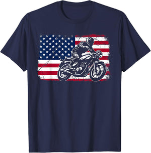 American Flag Biker Motorcycle USA Flag 4th of July Boys Men T-Shirt - T-Shirt | Navy