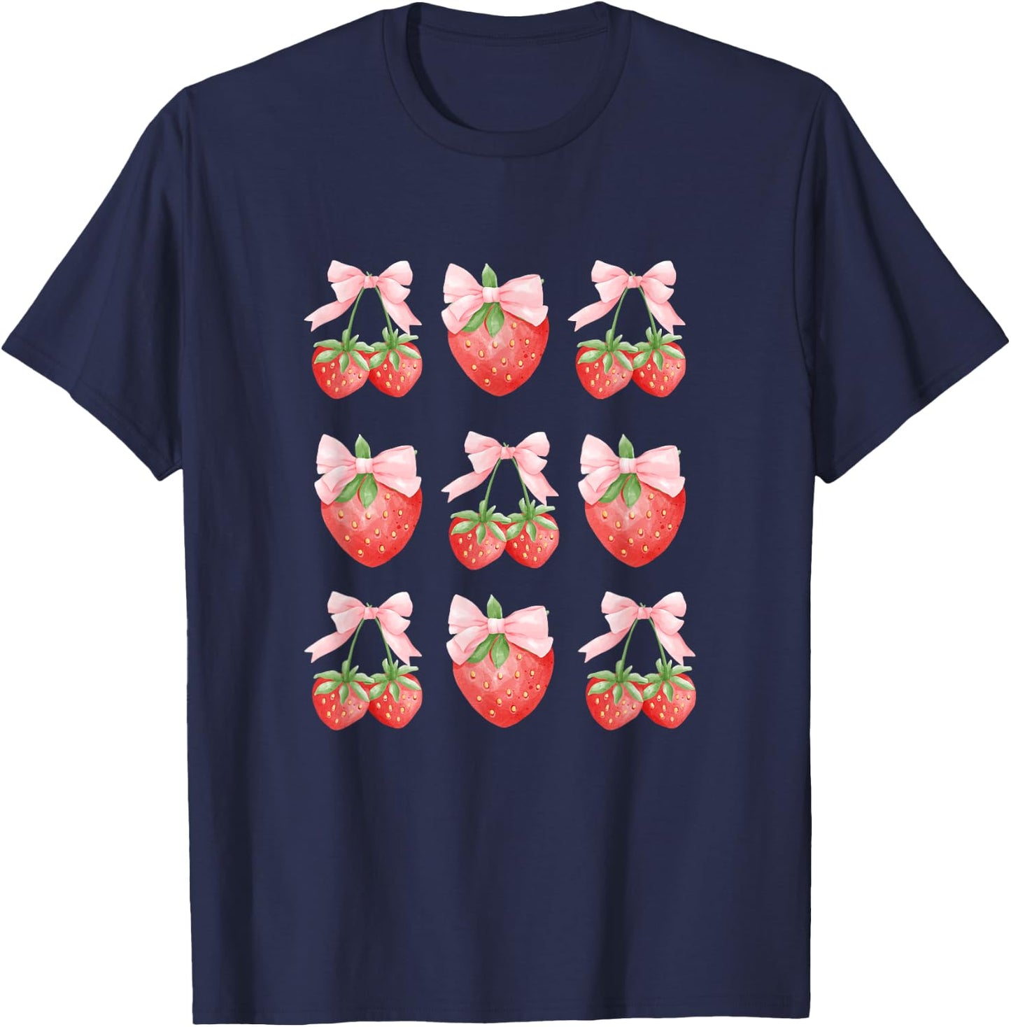Cute Pink Bow Coquette Strawberry Clean Girl Aesthetic T-Shirt - T-Shirt | Navy