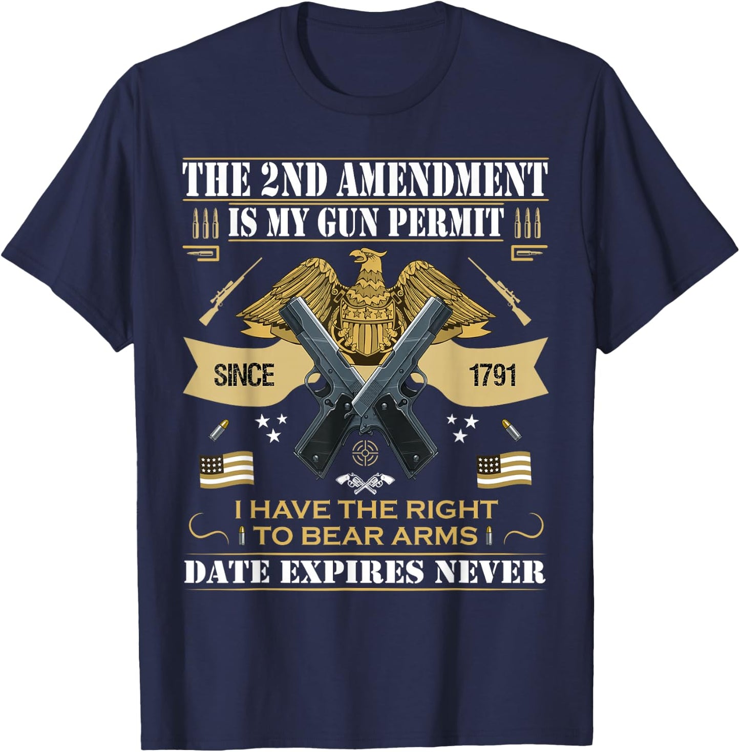 Pro Gun Second Amendment is My Gun Permit USA American Flag T-Shirt - T-Shirt | Navy