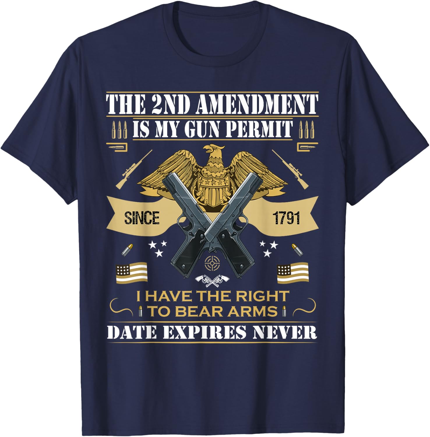 Pro Gun Second Amendment is My Gun Permit USA American Flag T-Shirt - T-Shirt | Navy