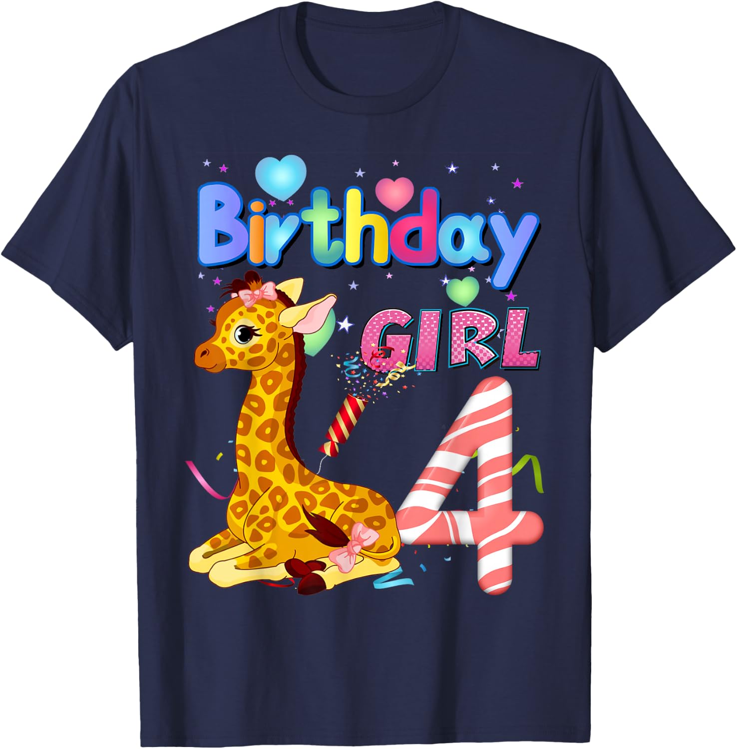 Giraffe Birthday For Girl 4th Giraffe Birthday 4 Year Old) T-Shirt - T-Shirt | Navy