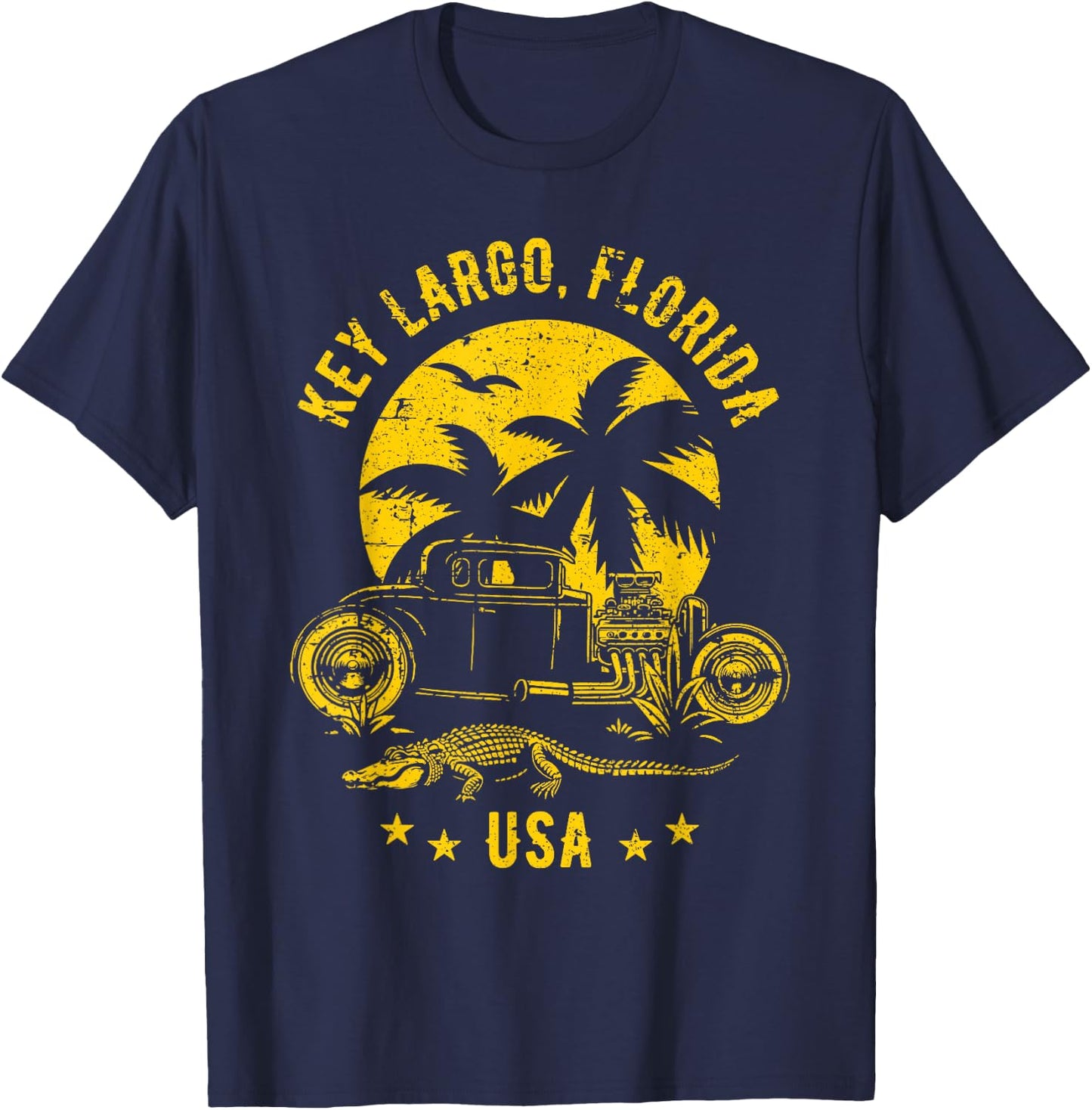 Key Largo Florida Sunset Hotrod Distressed Design , Black, S T-Shirt - T-Shirt | Navy