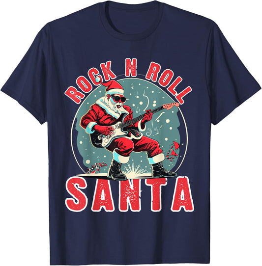 Rock N Roll Christmas Santa Playing Guitar T-Shirt - T-Shirt | Navy