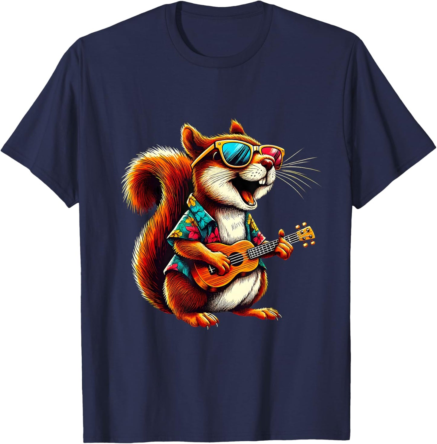 Squirrel Wearing a Hawaiian Shirt, Playing a Ukulele T-Shirt - T-Shirt | Navy